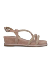 Sandalo a zeppa in morbido suede rosa pallido con cinturini incrociati in glitter e fibbia regolabile alla caviglia. Suola in gomma plana per stabilità.