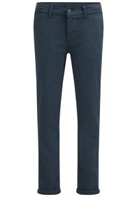 Tmavě námořnické kalhoty vyrobené z hladké bavlněné směsi, s knoflíkovým zapínáním, pěti kapsami a ohrnutými manžetami. Střih na míru.