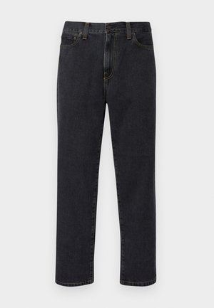 Dark denim jeans with straight leg cut, featuring five pockets, contrasting yellow stitching, and a metal button closure at the waist.