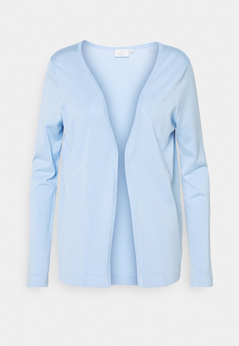 Light blue cardigan made of soft, lightweight fabric. It features long sleeves and a v-neck design without buttons or fasteners.