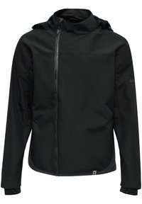 Giacca a vento nera realizzata in tessuto leggero. Presenta una zip frontale, cappuccio regolabile e superficie testurizzata con dettagli del logo.