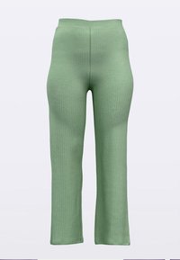 Soonilised rohelised püksid kõrge vöökohaga, sirgete säärte ja pehme tekstuuriga, mis näitavad liibuvat lõiget ja ühtlast värvust.