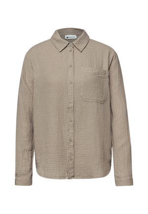 Chemise beige à manches longues avec boutons, poche poitrine, tissu texturé et col classique.
