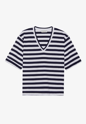 Gestreept T-shirt in marineblauw en wit, met een V-hals ontwerp, korte mouwen en van zacht katoen.