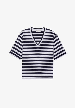 T-shirt a righe nei colori blu navy e bianco, design a V, maniche corte e materiale in cotone morbido.