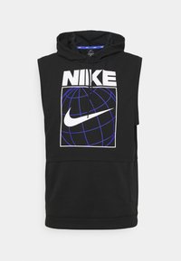 Sweat à capuche noir sans manches avec une grande impression "NIKE" blanche et un graphique de globe. Fabriqué en matériau doux avec une poche kangourou.