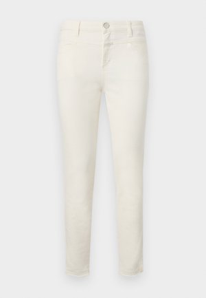 Ljust beige jeans med slim fit, tillverkade av en bomullsblandning, med femficksdesign och dragkedja med metallknappstängning.