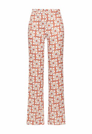 Pantaloni a vita alta, gamba dritta, con motivo floreale geometrico retrò arancione, crema e azzurro chiaro su sfondo bianco.