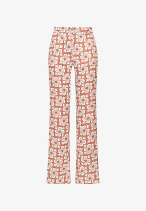 Pantaloni a vita alta, gamba dritta, con motivo floreale geometrico retrò arancione, crema e azzurro chiaro su sfondo bianco.