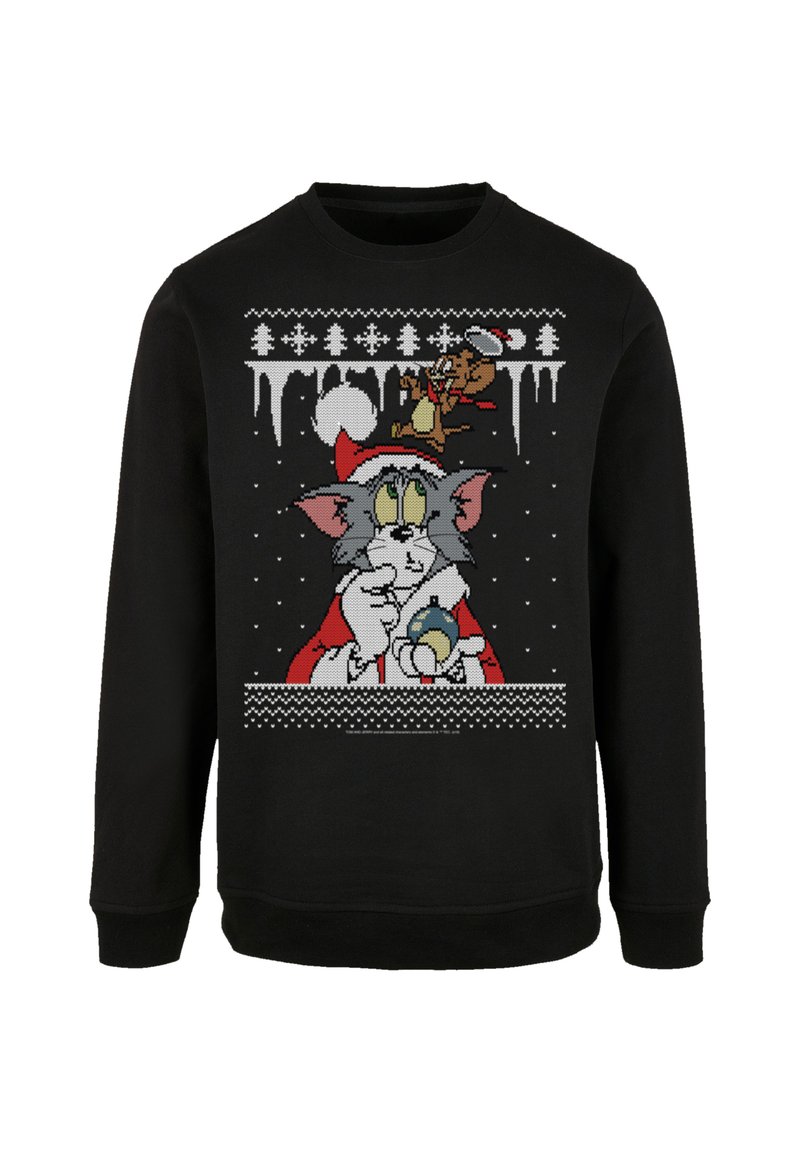 Zwarte sweatshirt met een feestelijk ontwerp van Tom en Jerry. Tom draagt een kerstmuts en houdt een sneeuwbol vast, omringd door sneeuwvlokken en bomen.