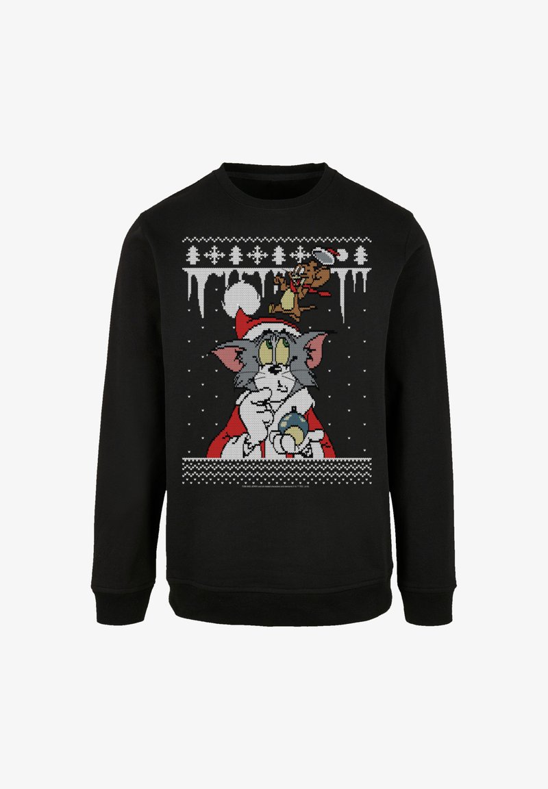 Zwarte sweatshirt met een feestelijk ontwerp van Tom en Jerry. Tom draagt een kerstmuts en houdt een sneeuwbol vast, omringd door sneeuwvlokken en bomen.