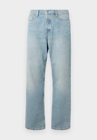 Light blue denim jeans with a relaxed fit, straight legs, and a classic five-pocket design. Features a zip fly and button closure.