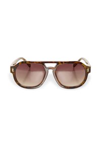 Sunglasses iz tortoiseshell vzorom z gradientnimi rjavimi lečami, pravokotne oblike, kovinski dodatki na okvirju in značilna oblikovana mostična zasnova.