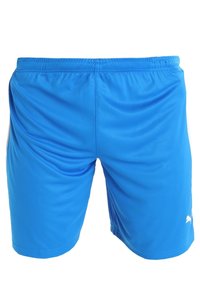 Blå idrottShorts gjorda av ett mjukt, lätt material med elastisk midja. Har en liten vit logotyp på den nedre högra sidan.