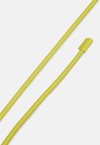 Yellow leather strap with smooth texture, featuring a stitched edge and rounded end, displayed against a white background.