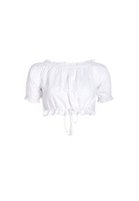 Biała krótka bluzka z dekoltem off-shoulder, falbaniastym wykończeniem, krótkimi bufkami i ściągaczem u dołu. Całość w wzór oczek.