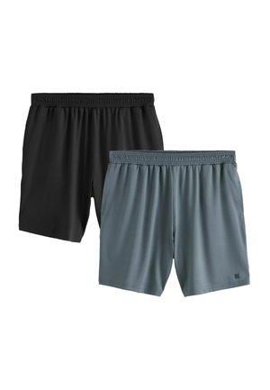 Zwei elastische Taillen-Shorts, jeweils eine schwarz und eine grau, nebeneinander auf weißem Hintergrund dargestellt.