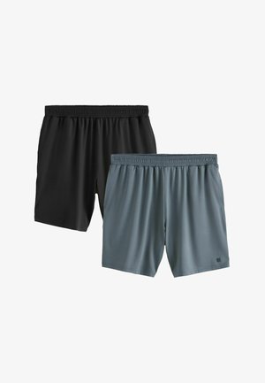 Zwei elastische Taillen-Shorts, jeweils eine schwarz und eine grau, nebeneinander auf weißem Hintergrund dargestellt.