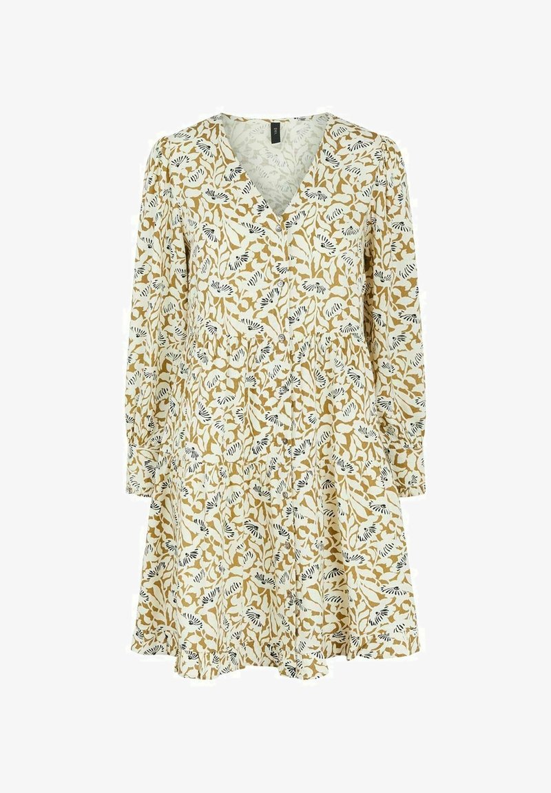 Blumenkleid mit V-Ausschnitt, langen Ärmeln und ausgestellter Form. Hauptsächlich cremefarben mit schwarzen und goldenen botanischen Mustern.