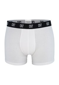 Bílé bavlněné boxerky s černým elastickým pasem s nápisem "CR7" v bílé barvě, navržené pro pohodlí a perfektní střih.