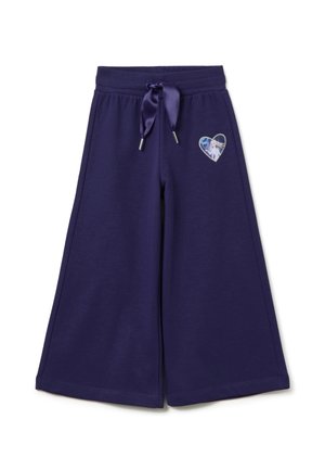 Pantalons de survêtement larges bleu marine avec une taille à cordon, affichant un graphique en forme de cœur avec un personnage et un contour pailleté.