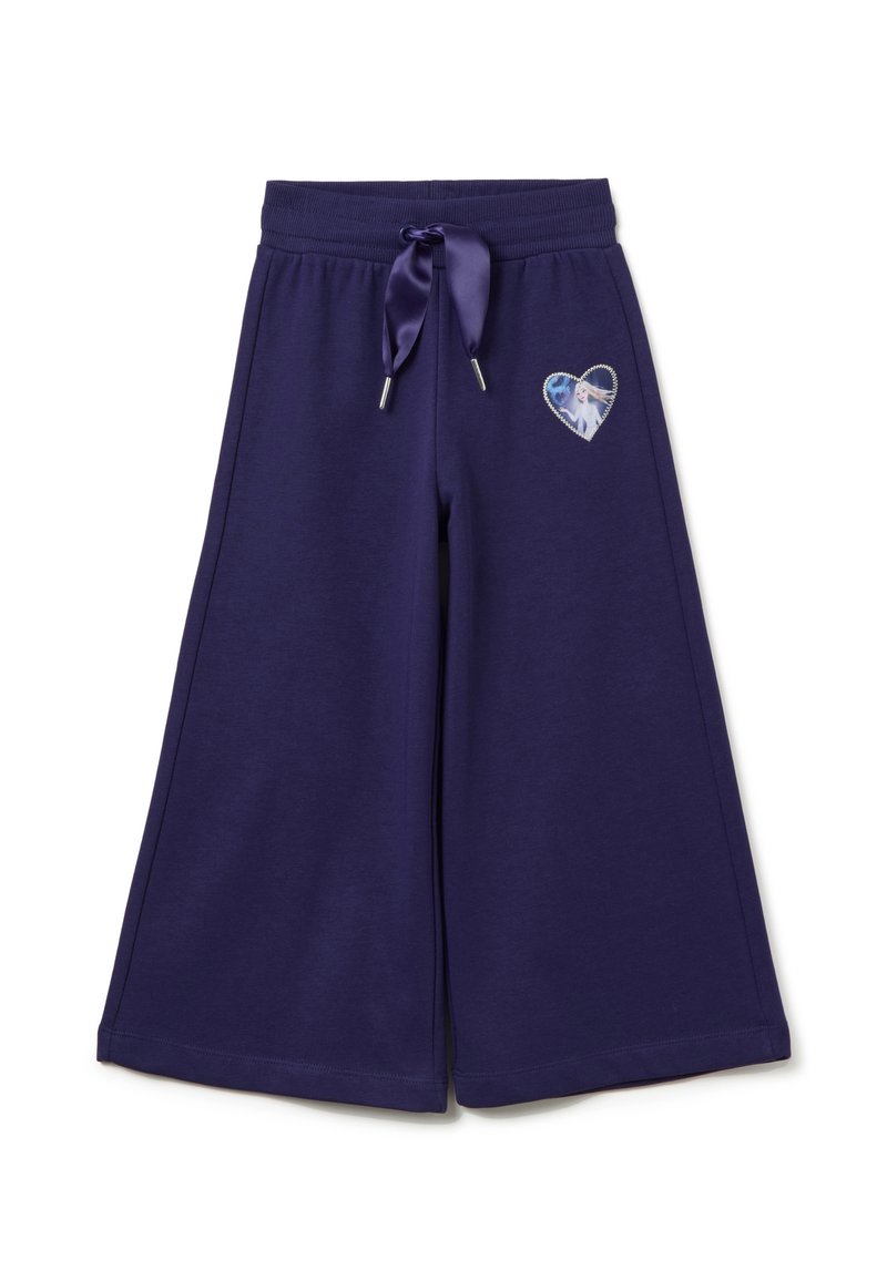 Marineblauwe wijdvallende joggingsbroek met een trekkoord in de taille, voorzien van een hartvormige grafiek met een karakter en een glinsterende rand.