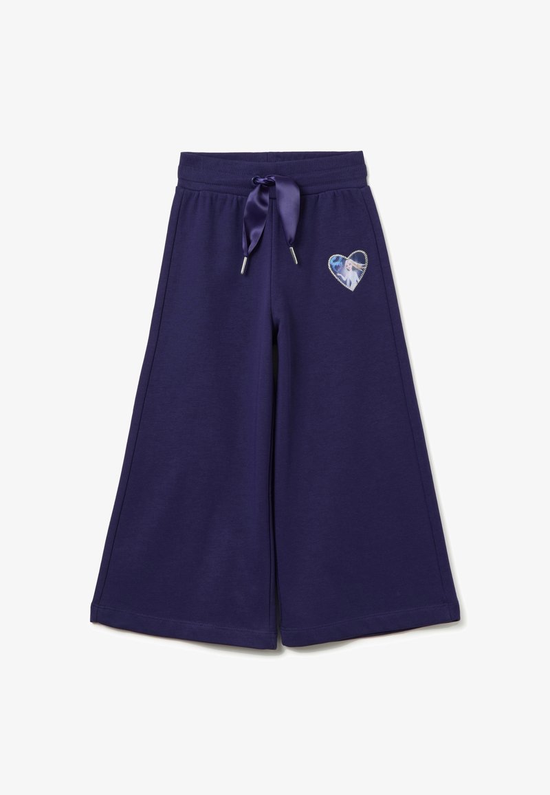 Marineblauwe wijdvallende joggingsbroek met een trekkoord in de taille, voorzien van een hartvormige grafiek met een karakter en een glinsterende rand.