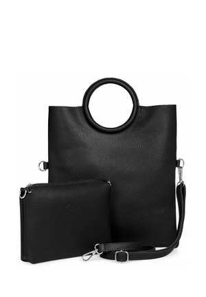 Black leather tote bag with a textured finish, circular handle, and detachable small pouch featuring a zipper and strap.