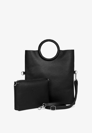 Schwarze Ledertragetasche mit strukturierter Oberfläche, runder Grifffläche und abnehmbarem kleinen Beutel mit Reißverschluss und Trageriemen.