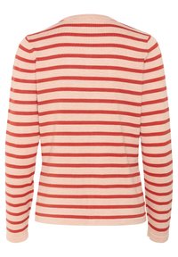 Langärmeliges Oberteil mit roten und cremefarbenen Streifen, Rundhalsausschnitt, weiche Stoffstruktur, figurbetontes Design und gerader Saum. Rückansicht gezeigt.