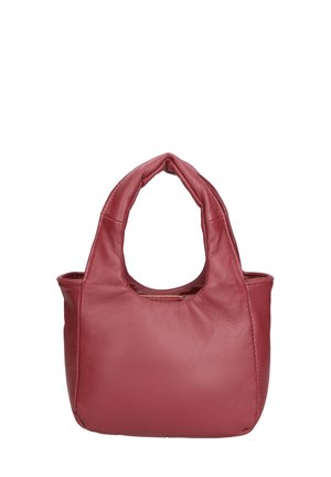 Piccola borsa tote in pelle bordeaux con manici superiori arrotondati, una texture liscia e chiusura con zip. Presenta un interno spazioso e non foderato.