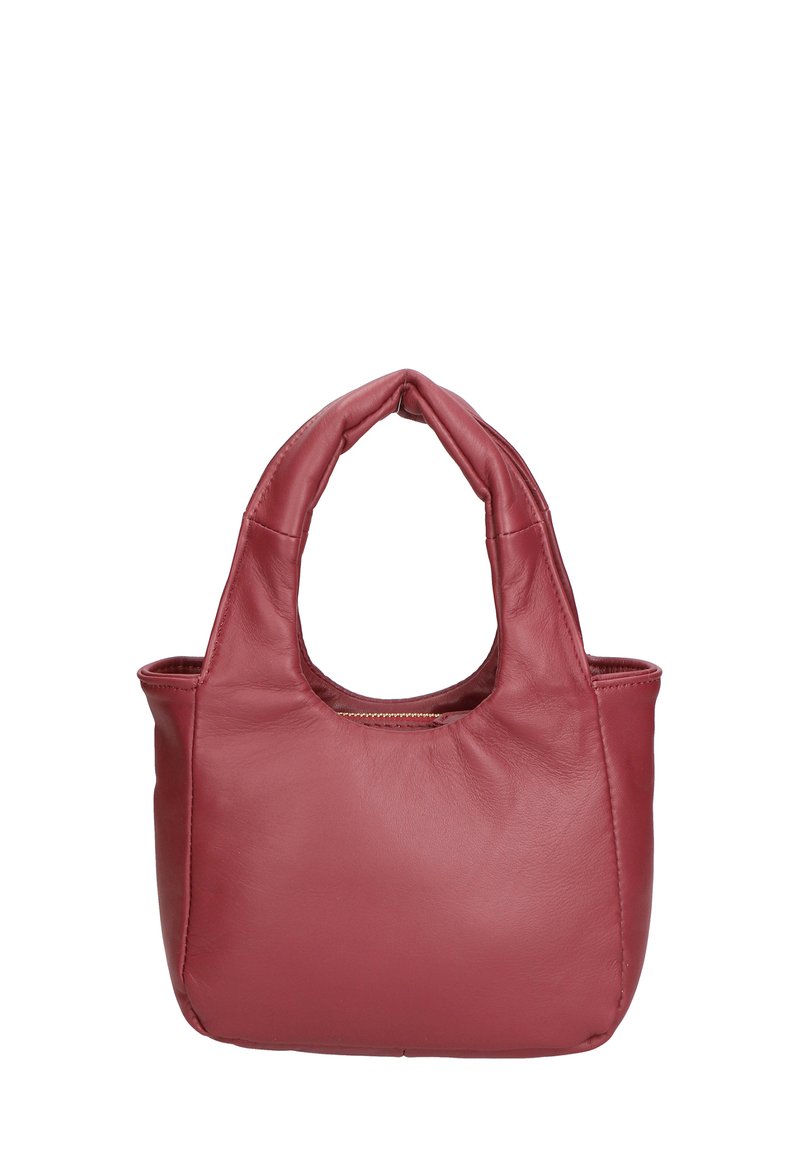 Piccola borsa tote in pelle bordeaux con manici superiori arrotondati, una texture liscia e chiusura con zip. Presenta un interno spazioso e non foderato.