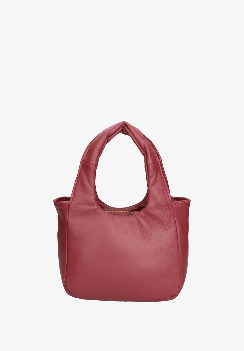 Piccola borsa tote in pelle bordeaux con manici superiori arrotondati, una texture liscia e chiusura con zip. Presenta un interno spazioso e non foderato.