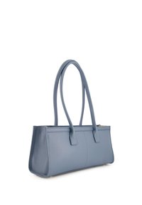 Blaue Lederhandtasche mit rechteckiger, strukturierter Form, zwei Griffen und glatter Textur. Verfügt über einen Reißverschluss und dezente Nähte.