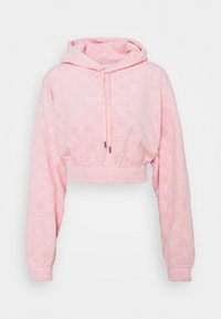 Rosa gekürzter Hoodie mit geprägt wirkendem Muster, Kapuze mit Kordelzug sowie elastischem Saum und Bündchen. Weich texturierter Stoff.