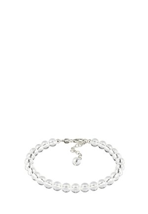 Armband mit runden klaren Perlen und einem silbernen Karabinerverschluss, einschließlich einer verstellbaren Kette mit einer einzelnen Perle am Ende.