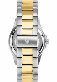 Silber- und goldfarbene Edelstahl-Uhr mit Gliederarmband. Sie verfügt über ein graviertes Logo auf dem Gehäuse und ein klassisches rundes Zifferblatt.