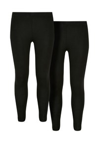 Leggings noirs en deux tailles, avec une texture lisse et une ceinture élastique, fabriqués à partir d'un tissu extensible pour le confort et l'ajustement.