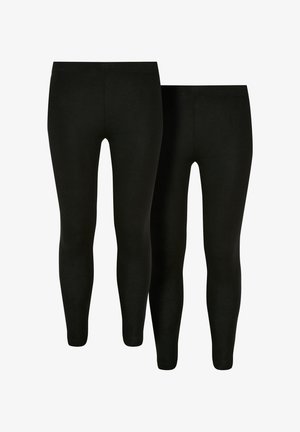 Svarta leggings i två storlekar, med en slät textur och elastisk midja, tillverkade av ett stretchigt tyg för komfort och passform.