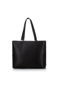 Sort læder tote taske med to lange skulderremme, rektangulær form og glat tekstureret overflade på hvid baggrund.