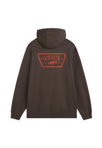 Brązowa hoodie z kapturem, z dużą czerwoną grafiką z napisem "VANS" i deskorolką, teksturowana tkanina, z prążkowanymi mankietami i dołem.