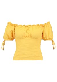 Top giallo scollato sulle spalle con maniche a sbuffo. Presenta un collo e una vita elasticizzati arricciati con dettagli di cordino. Tessuto morbido.