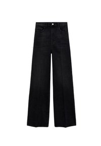 Pantaloni in denim neri a gamba larga con vita alta, dotati di chiusura con bottone, tasche frontali e orlo rifinito.