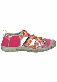 Rosa Sandalen für draußen mit gemusterten Riemen, grauen Akzenten und einer gepolsterten gelben Innensohle. Verfügt über ein verstellbares elastisches Bungee-Schnürsystem.