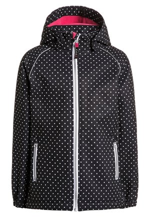 Chaqueta negra con capucha, decorada con lunares blancos, forro interior rosa, cremallera frontal completa y bolsillos laterales con cremallera.