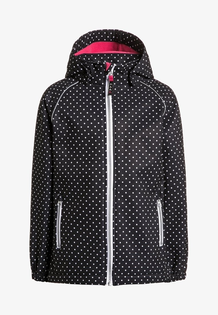 Veste à capuche noire avec des pois blancs, doublure intérieure rose, fermeture éclair sur le devant et poches latérales zippées.