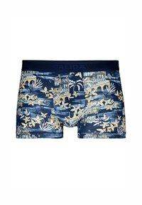 Navy blue boxer shorts featuring a printed design of light buildings, flowers, and leaf patterns. Elastic waistband with 'CALIDA' branding.