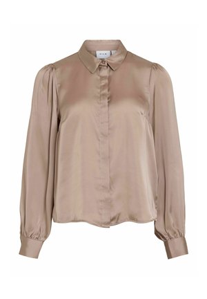 Satin long-sleeve shirt in light beige, featuring a button-up front, classic collar, and gathered sleeves for a relaxed fit.