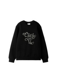 Melnā džemperis ar garām piedurknēm, ar spīdīgu "C'est la Vie" dizainu, izšūtu ar rhinestones. Mīksta auduma un ribota aproce.