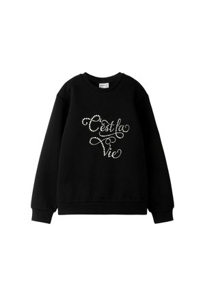 Juodas sportinis megztinis su ilgomis rankovėmis, turintis blizgantį "C'est la Vie" dizainą, padengtą cirkoniais. Minkšta medžiaga ir raukšlėti rankogaliai.